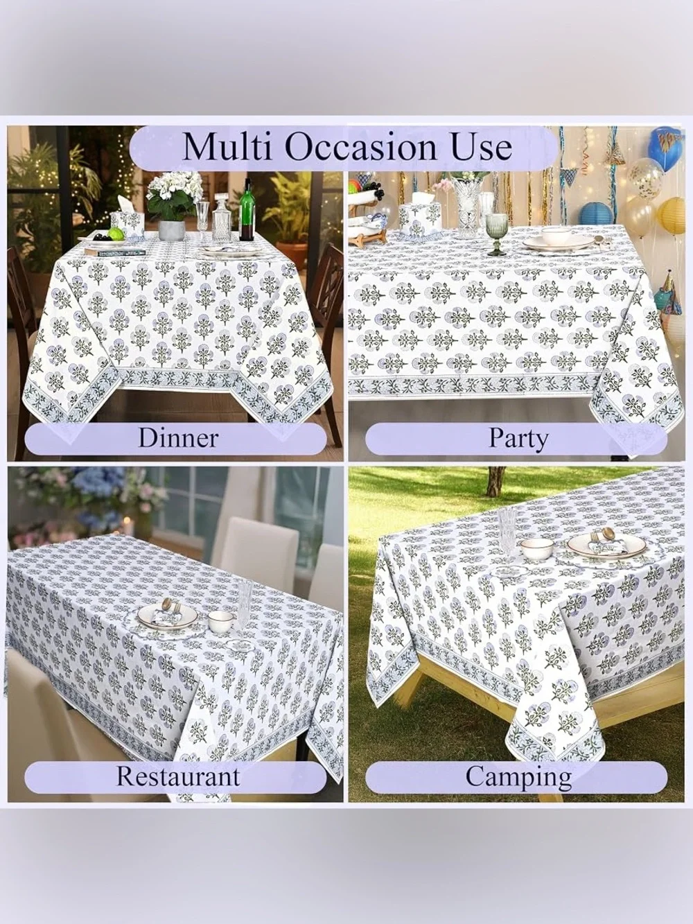 🆕 Ridhi Mughal Buta Blue Hand Block Print Cotton Reusuable Tablecloth 60”x60”